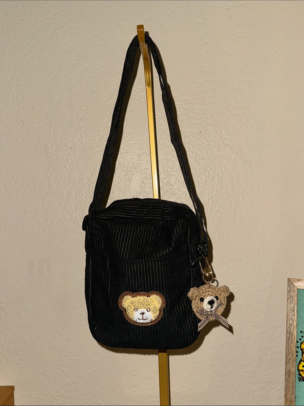 Handcrafted Black Corduroy Crossbody with teddy Accent & crochet keychain